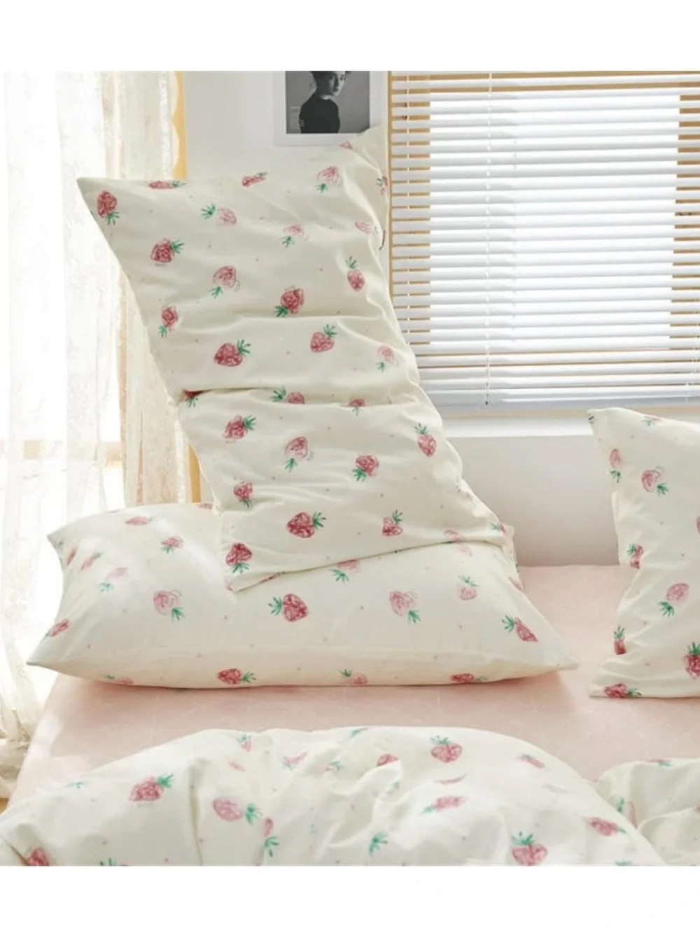 100% Cotton Queen Strawberry Print Cotton Bedding Duvet Cover Set-EUC